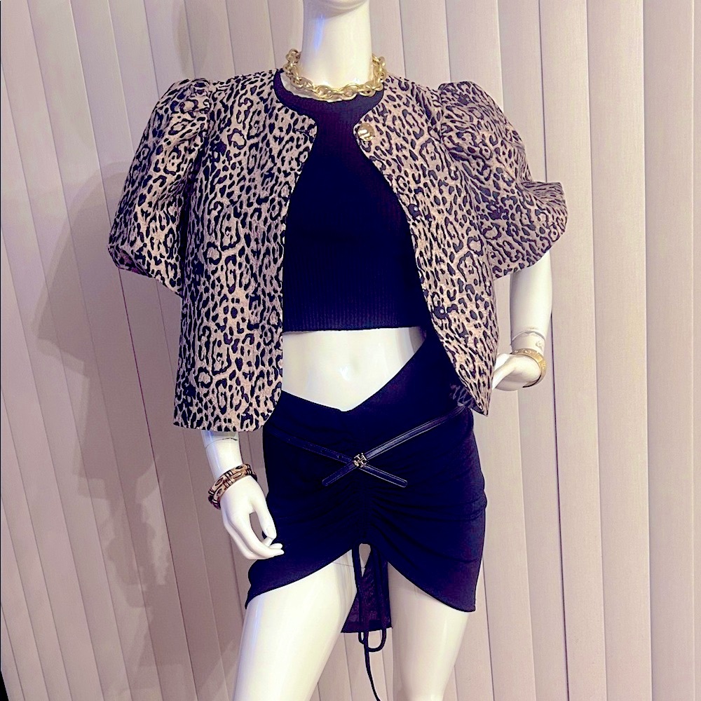 H&M Leopard Print Puff Sleeve Pea Coat - Picture 2 of 7